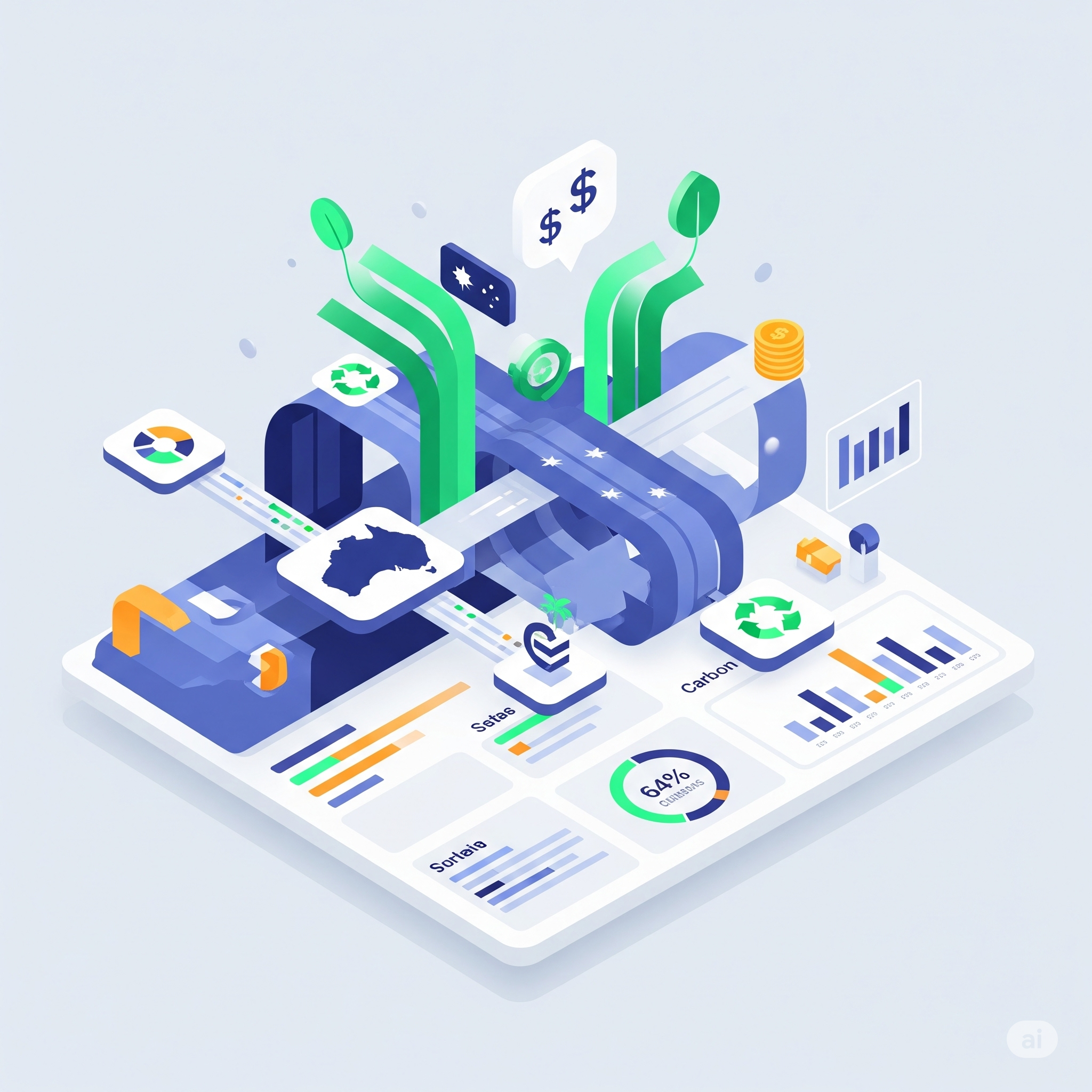 Abstract digital graphic showing financial data and carbon emission analysis, with green sustainability elements, representing spend-based carbon factors for Australian businesses.